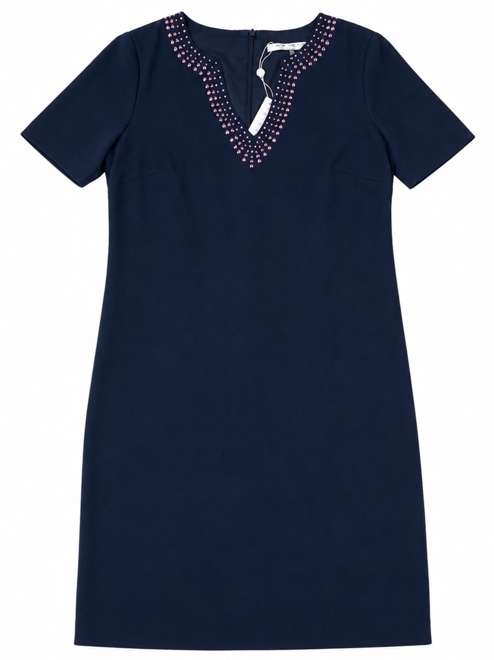 Trina Turk Navy Shift heatwave Dress Pink Studded V-Neck NWT Career Cocktail